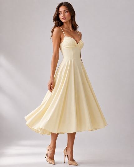 Women's Yellow Floral V-Neck Wedding Guest Summer Midi Dress