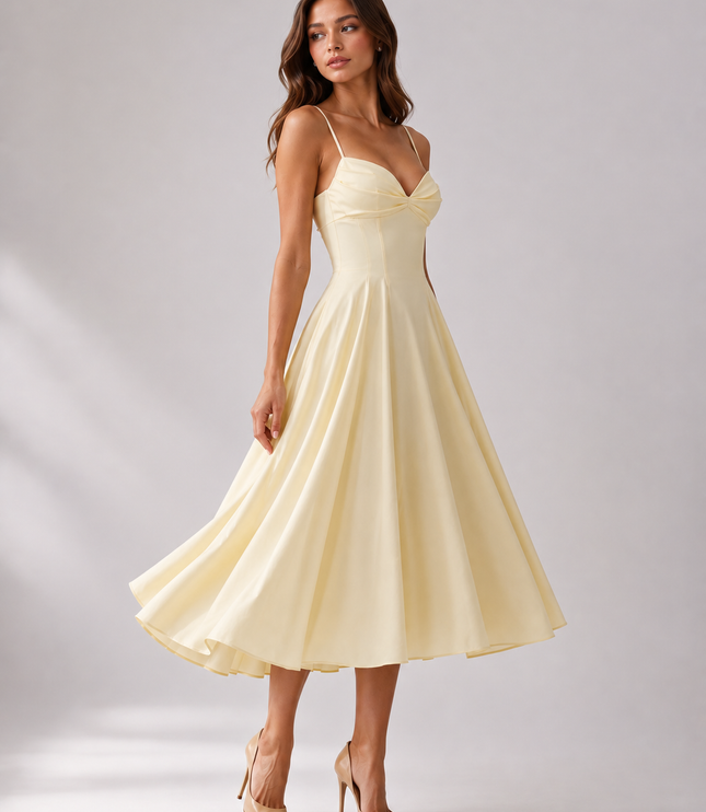 Women's Yellow Floral V-Neck Wedding Guest Summer Midi Dress
