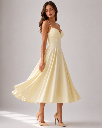 Women's Yellow Floral V-Neck Wedding Guest Summer Midi Dress