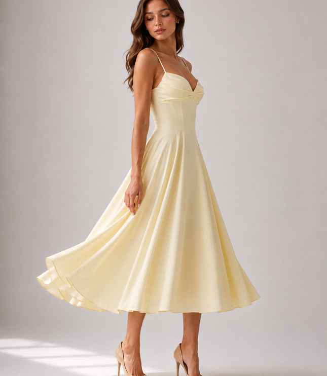 Women's Yellow Floral V-Neck Wedding Guest Summer Midi Dress