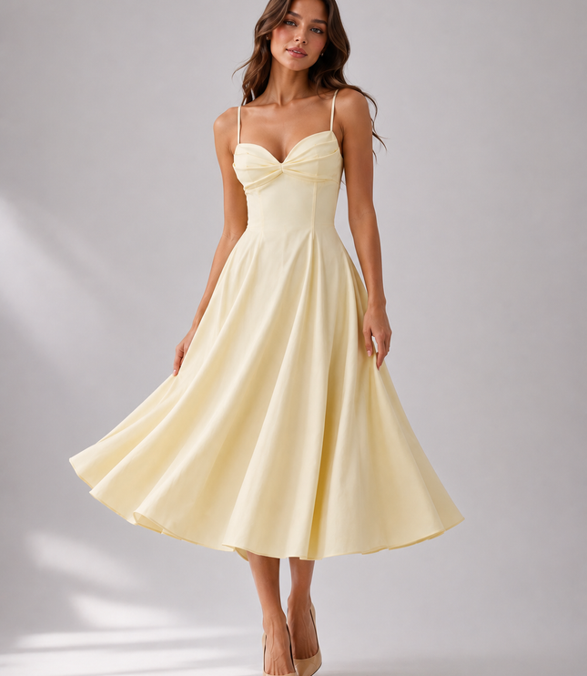 Women's Yellow Floral V-Neck Wedding Guest Summer Midi Dress