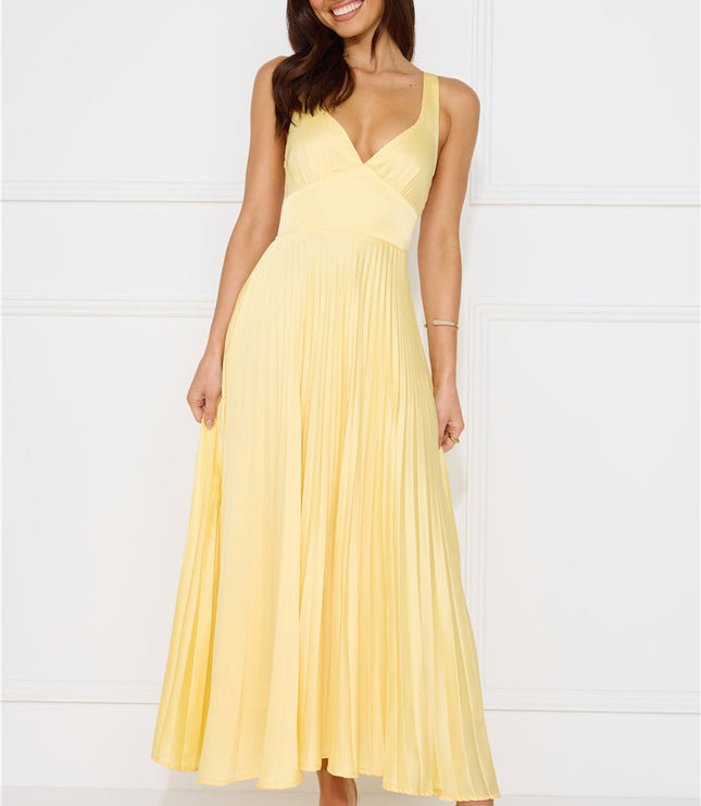 Women's Yellow Maxi Dress with V-Neck and Cross-Back Straps