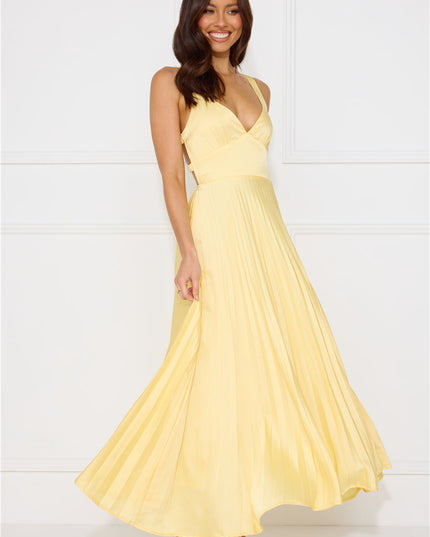 Women's Yellow Maxi Dress with V-Neck and Cross-Back Straps