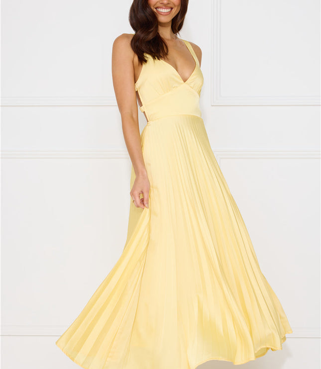 Women's Yellow Maxi Dress with V-Neck and Cross-Back Straps