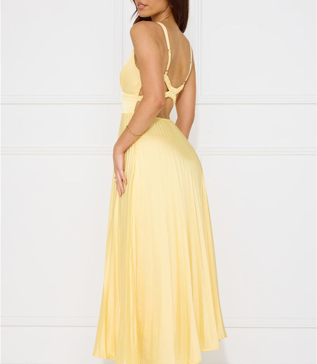 Women's Yellow Maxi Dress with V-Neck and Cross-Back Straps