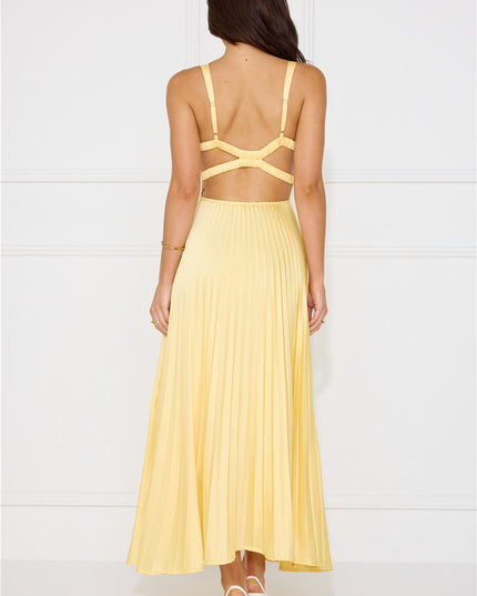Women's Yellow Maxi Dress with V-Neck and Cross-Back Straps