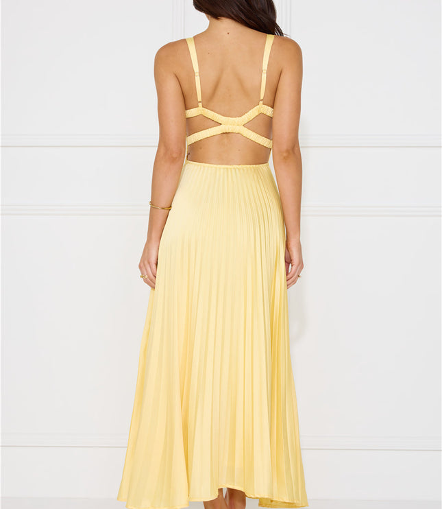 Women's Yellow Maxi Dress with V-Neck and Cross-Back Straps