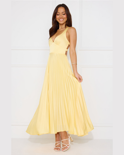 Women's Yellow Maxi Dress with V-Neck and Cross-Back Straps