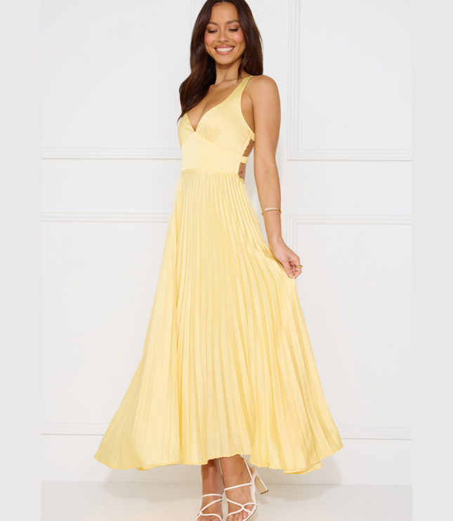 Women's Yellow Maxi Dress with V-Neck and Cross-Back Straps